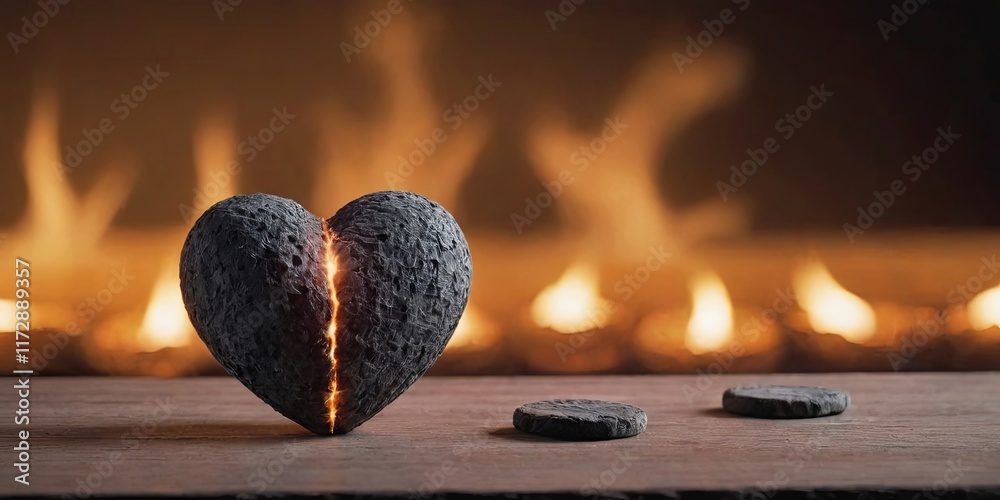 Poster a heart made of stone is broken in half, with a fire in the background