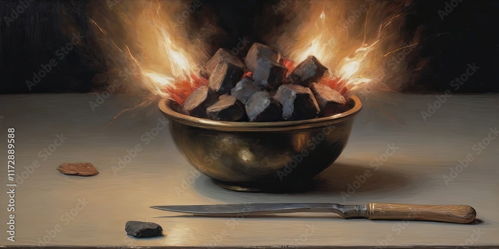 Poster a bowl of coal is on a table with a knife next to it