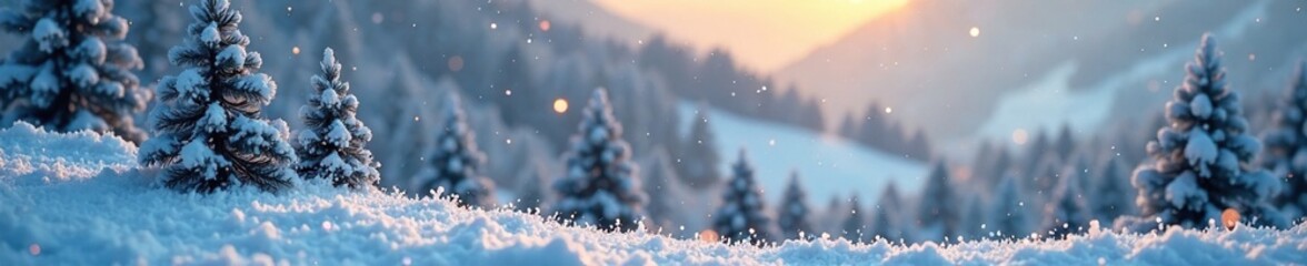 Naklejka premium Sparkling snowflakes fill a miniature winter landscape with hills and trees, flakes, festive