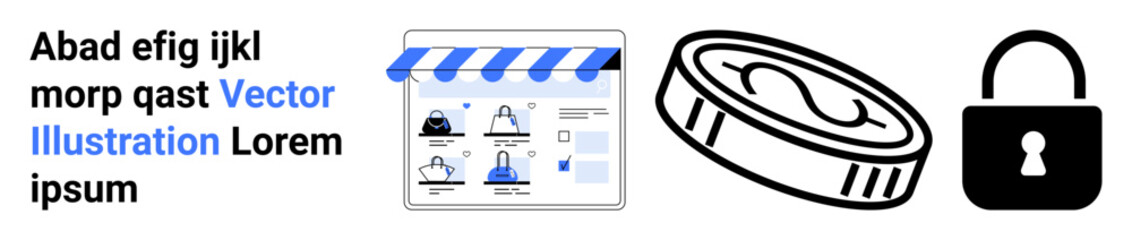 Online store window with digital products, a cryptocurrency coin, and a padlock symbol for security. Ideal for e-commerce, online shopping, digital payments, cryptocurrency, website security