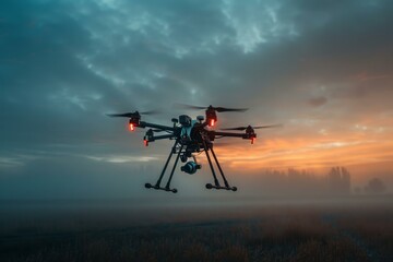 Professional drone is flying over the field with a digital camera on it at sunrise
