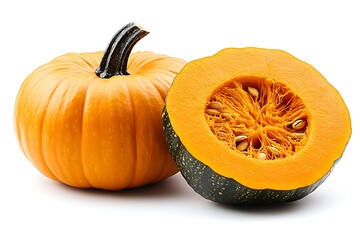 Whole pumpkin and a halved pumpkin showcasing vibrant orange flesh