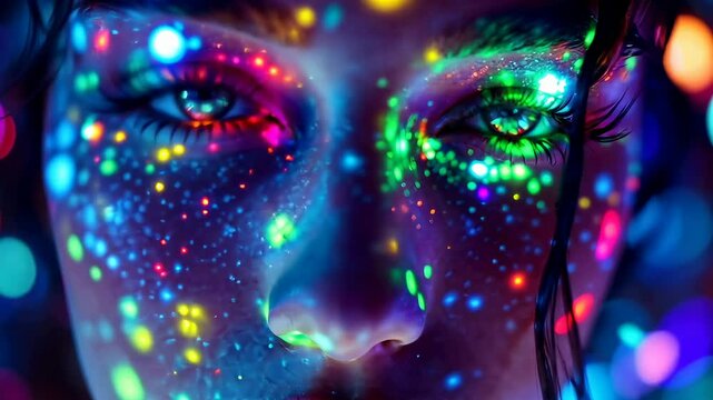 Woman's Face With Neon Paint Splatters at a Techno Rave Party
