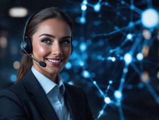 Smiling customer support agent with headset in a digital network environment