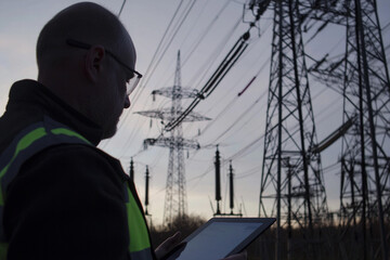 Power engineer using tablet at power plant site