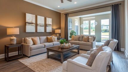 Fototapeta premium Luxury living room in warm Mocha mousse 2025 color trend. Brown walls, light gray lounge furniture. Empty background microcement for art