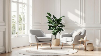 Fototapeta premium Modern living room: minimalist armchairs and indoor plant in sunlit space