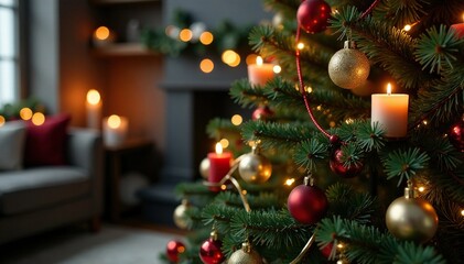 Decorated fir tree with candles, ornaments, and garlands in the foreground, christmas, garlands, fir tree
