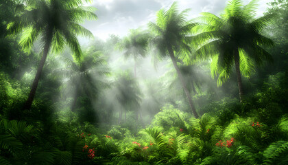 Obraz premium Lush tropical rainforest scene with sun rays piercing through dense palm trees and vibrant green foliage. Perfect for travel, nature, and environmental themes.