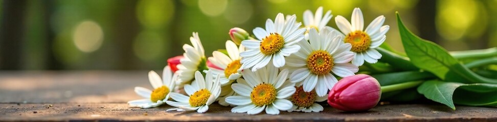 Fresh chamomile flowers in a loose, organic bouquet on a garden table, table, tulips