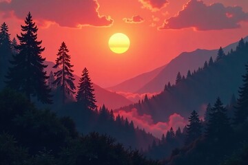 Fototapeta premium Glowing embers of sunset cast on misty forest, glow, sunset, atmospheric