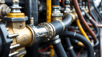 High pressure hydraulic hose system connected to steel pipes, close-up. Marine hydraulics. Generative AI
