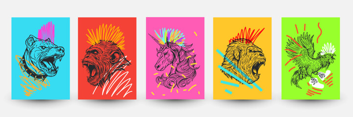 Abstract pop art backgrounds in modern fashion style. Creative vector illustration with animals and doodle elements. Dog, monkey, rooster, unicorn. Design collage for print cards, covers, posters.