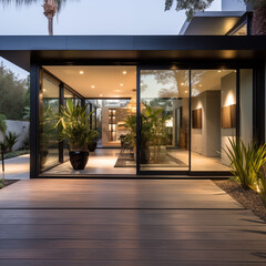 Obraz premium Modern House Exterior Glass Sliding Doors Wooden Deck Tropical Plants