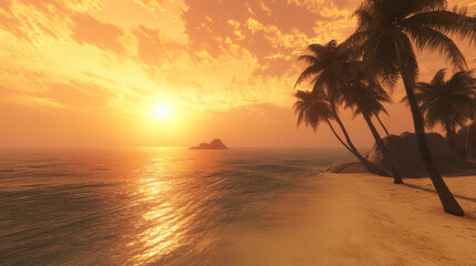Serene Sunset Over Calm Ocean with Palm Trees and Island View