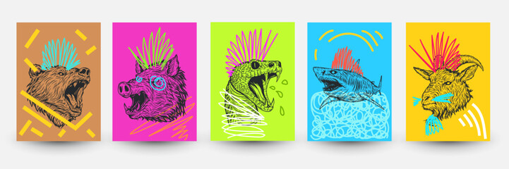 Abstract pop art backgrounds in modern fashion style. Creative vector illustration with animals and doodle elements. Bear, hog, snake, shark, hog. Design collage for print cards, covers, posters.