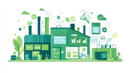 Obraz premium An eco-friendly factory with digital ESG dashboards monitoring sustainable performance metrics in real-time.