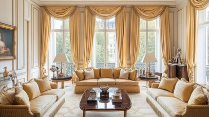 Fototapeta premium An elegant living room with gold-accented furniture, plush cushions, and soft drapery fit for royalty.