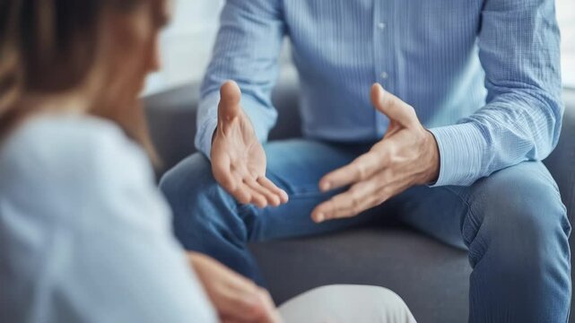 Patient explaining mental health problems to psychologist during psychotherapy session, receiving psychologic support and counseling in clinic office