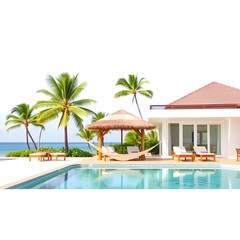 Fototapeta premium Vacation luxury resort with a swimming pool hammock and umbrellas on white background