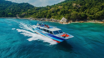 Obraz premium An island boat tour in Koh Samet, offering spectacular views of the island's shoreline and tropical waters.