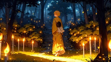 ロウソクのともる夜道を歩く少女