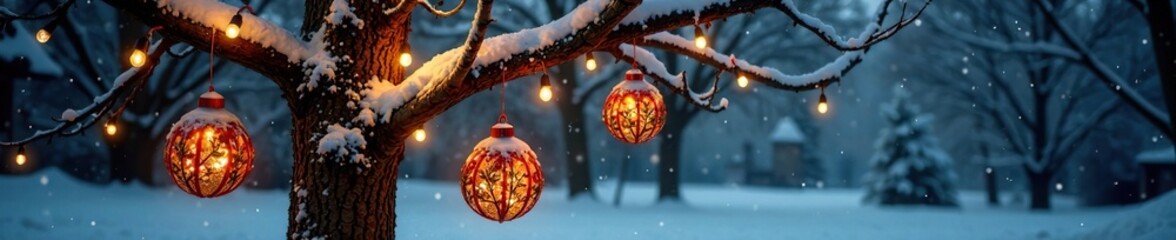 Illuminated tree with rustic ornaments in the snow, snow, illuminated
