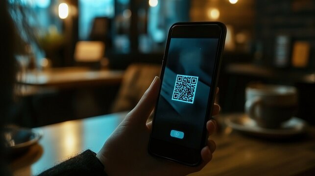 A person scans a QR code to join a Wi-Fi network at a café.