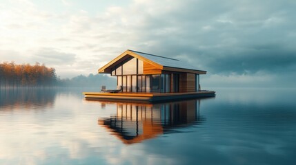 Fototapeta premium Modern floating house with sleek wooden design and large windows, peacefully surrounded by calm water and misty autumn trees. Copy space