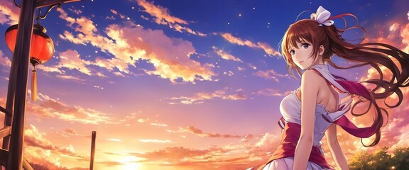 mujer joven de pelo largo viendo el atardecer anime y manga
