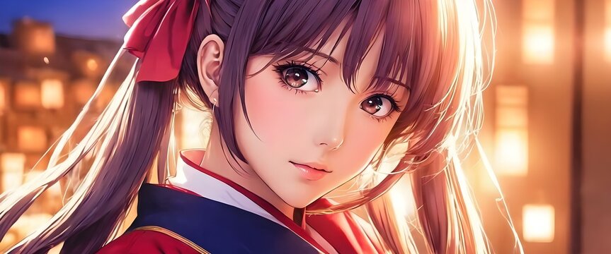 joven morena con pelo largo y lazos rojos en el cabello 3d anime y manga