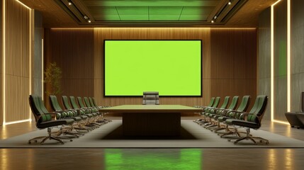 Fototapeta premium Modern conference room with a large green screen and stylish seating.