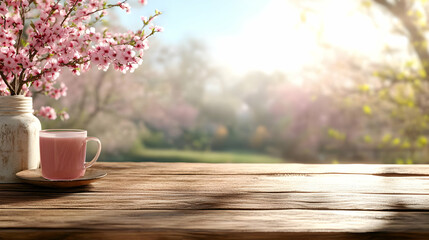 Pink drink on wooden table, spring blossom background, sunny garden, healthy lifestyle, website banner