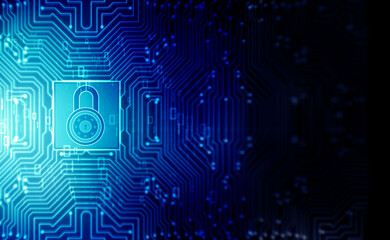 Closed Padlock on digital Circuit background, Technology security concept. Modern safety digital background. Lock Protection system, Cyber Security and information or network protection