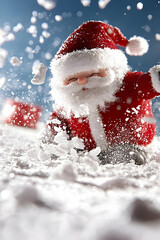 Playful Santa Claus playfully splashing in snowy landscape, Christmas spirit, winter wonderland background, ideal for festive greeting cards