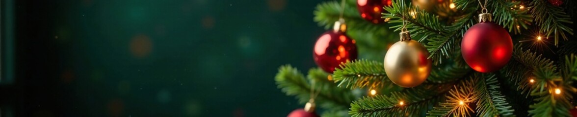 Tall Christmas tree adorned with red and gold balls and ribbons, evergreen, christmas tree