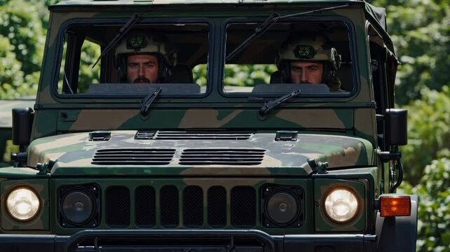 Military convoy navigates dense jungle terrain during an operation in a tropical environment