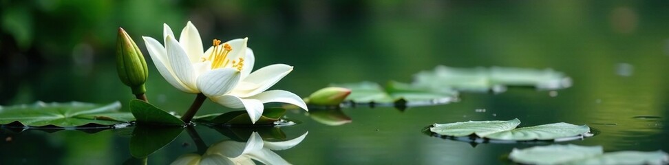 Fototapeta premium Still water surface reflection serene white lily bouquet urn calm peaceful surroundings, peaceful, reflection, stillness