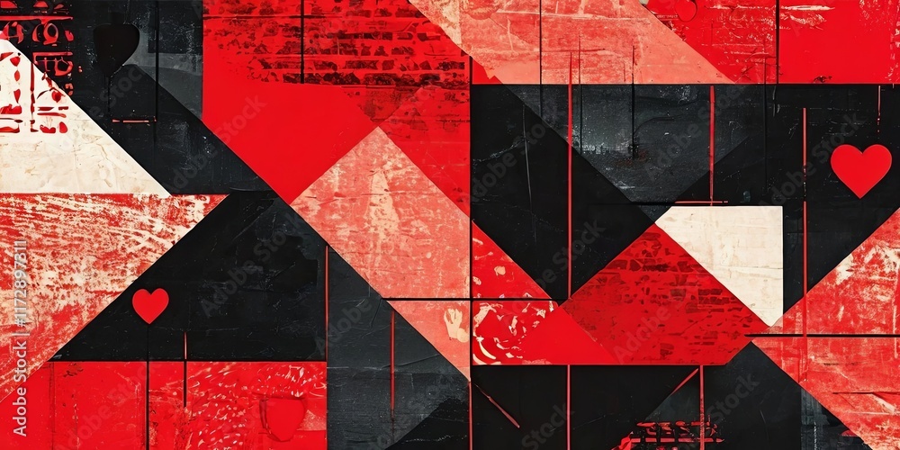 Poster a red and black abstract painting with a heart in the middle