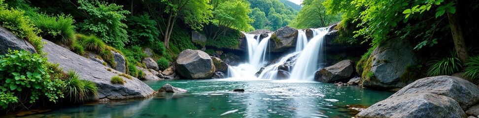 Obraz premium Waterfall in mountain river with a rocky cascade and lush greenery, foliage, nature