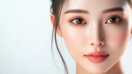 Fototapeta premium A close-up portrait of an Asian woman with flawless skin, natural makeup, and radiant beauty