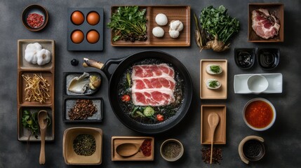 A shabu pork pan setup with an assortment of ingredients and utensils arranged neatly around it.