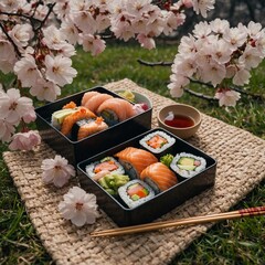 A picnic under cherry blossoms with chopsticks picking up pieces of fresh sushi from a bento box.