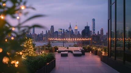 Fototapeta premium Stunning City Skyline at Dusk with Rooftop Decor and Lights