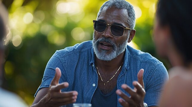 Senior man with grey hair and beard gesticulating while talking to friends outdoors.