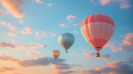 Obraz premium Three colorful hot air balloons floating in a pastel sky at sunset, surrounded by fluffy clouds.