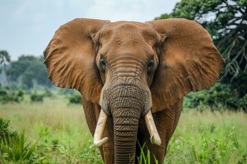 Fototapeta premium Large african elephant is standing in tall grass, looking ahead