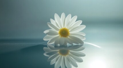 A single gerbera daisy placed on a reflective glass surface, its bold color mirrored perfectly.