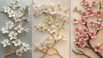 Three detailed wall panels featuring embossed cherry blossoms in gold, pink, and ivory. Ideal for adding a delicate and serene ambiance to any interior space.