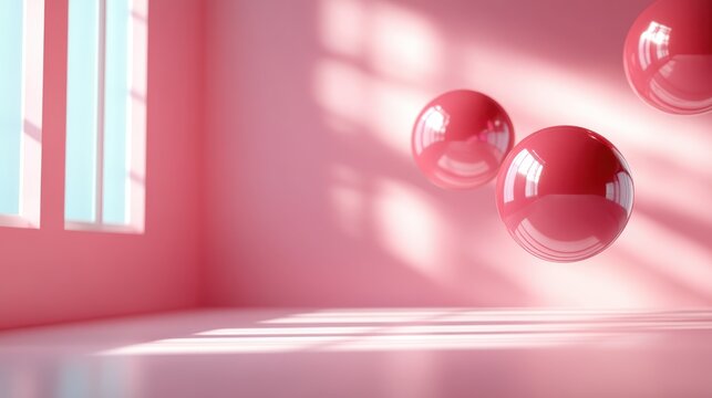 Three floating pink spheres in a sunlit modern interior space, creating a surreal and futuristic atmosphere with their reflective surfaces and shadow play.